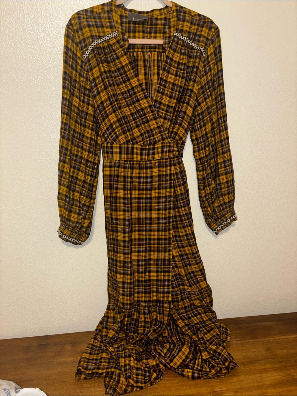 Anthropologie Dalton Wrap Dress Mustard Yellow Plaid Long Sleeve LP - Picture 2 of 9